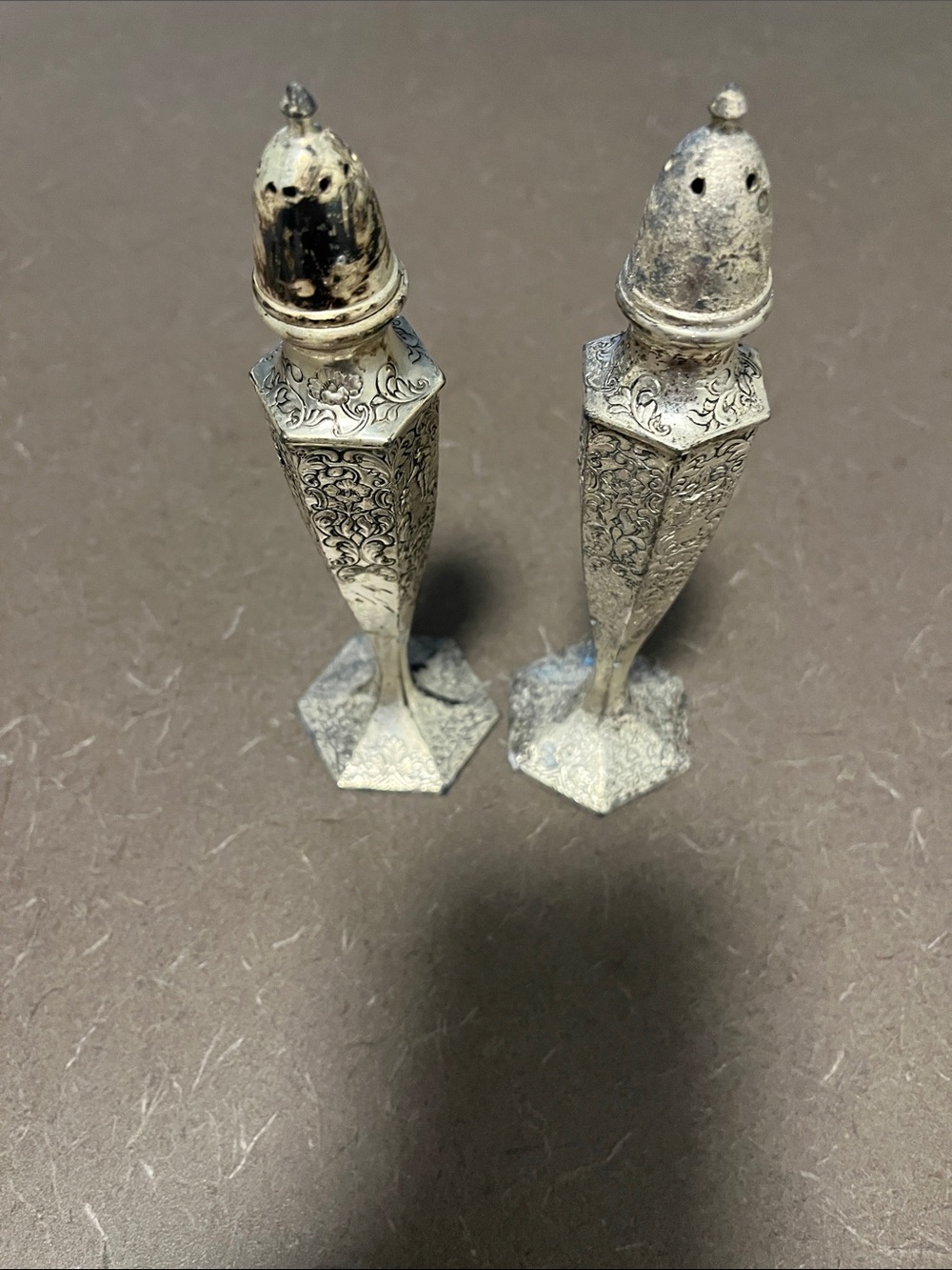 Ornate Silver-Color Decorative Salt and Pepper Shakers-Decor only 6”